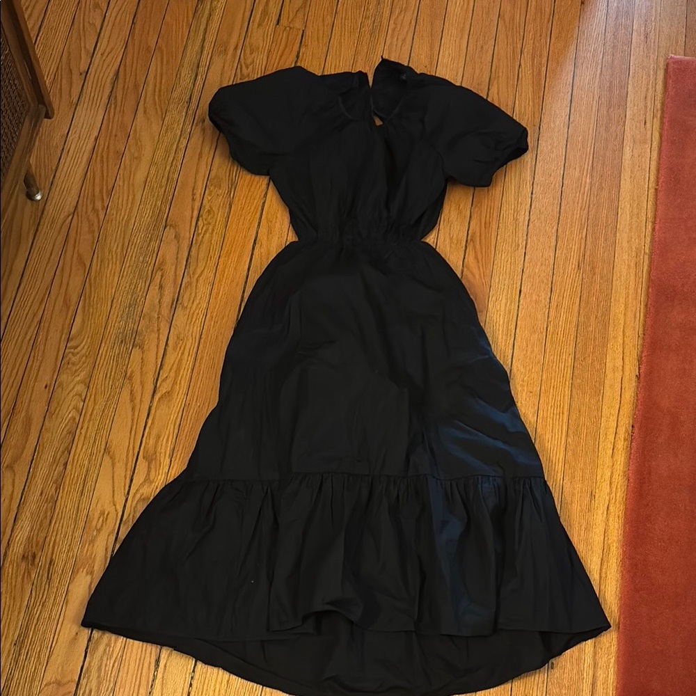 J. Crew Black Midi Sundress with Puff Cap Sleeves and Open Back